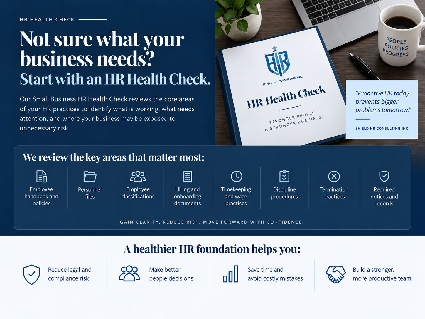 Shield HR Small Business HR Health Check reviewing employee handbooks and policies, personnel files, employee classifications, onboarding documents, timekeeping and wage practices, discipline procedures, termination practices, and required notices and records.